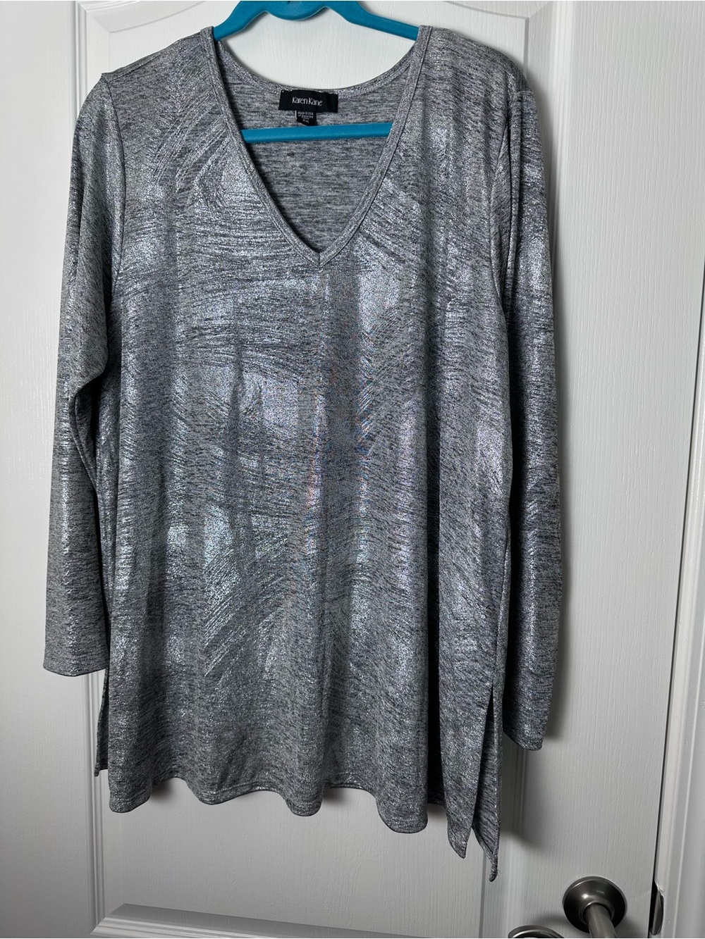 Karen Kane Shimmering Silver V-Neck Long Sleeve Tunic